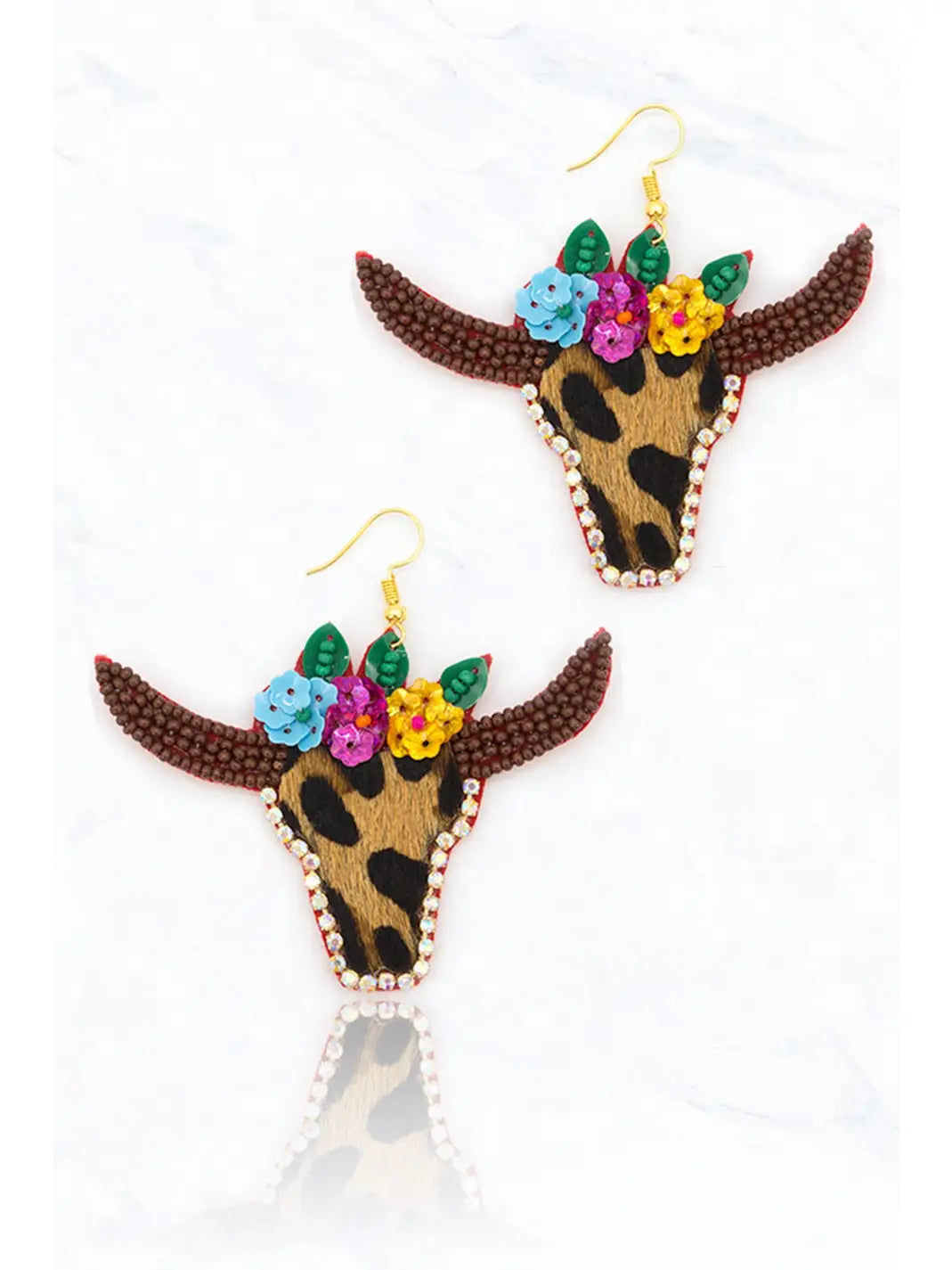 Leather Long Horn Bead Flower Earring