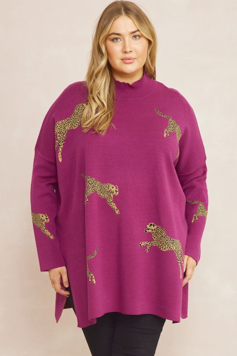 Plum Cheetah Print Mock Neck Sweater