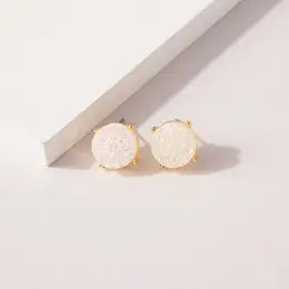 Round Druzy Stone Stud Earrings-White