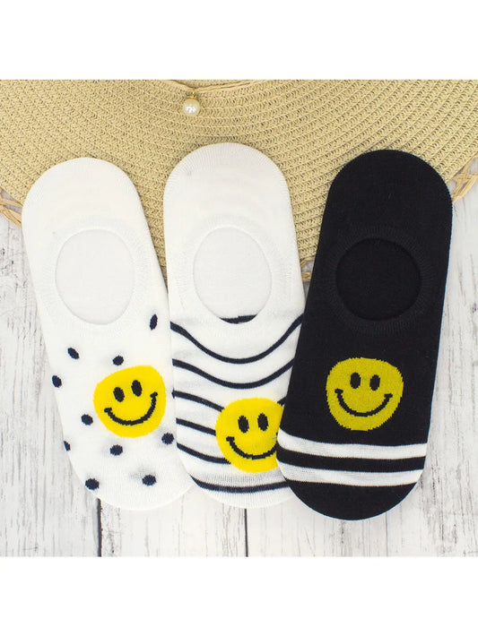 Smiley Face Polka Dot Striped Boat Socks