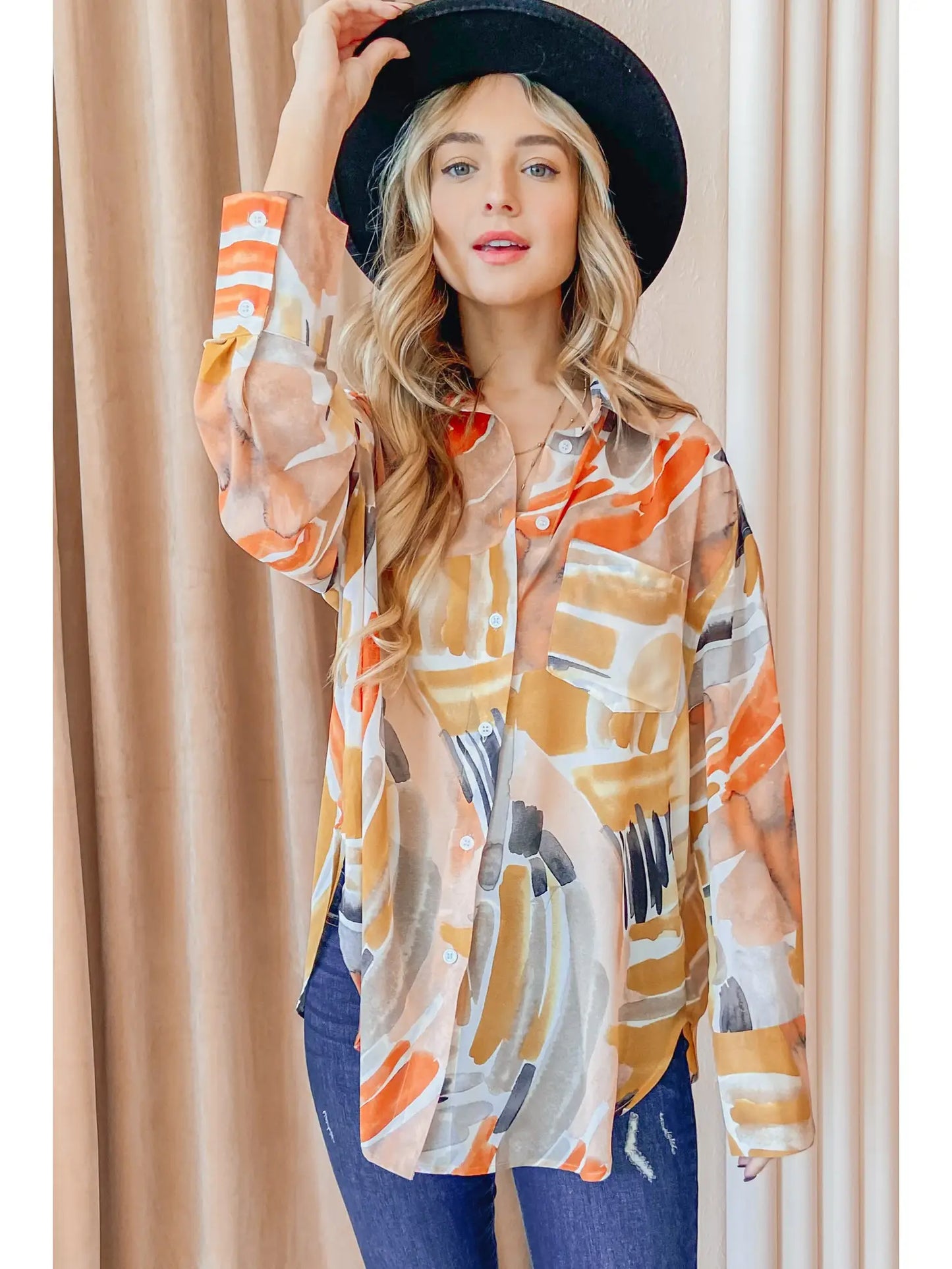 Sheer Terracotta print loose fir top