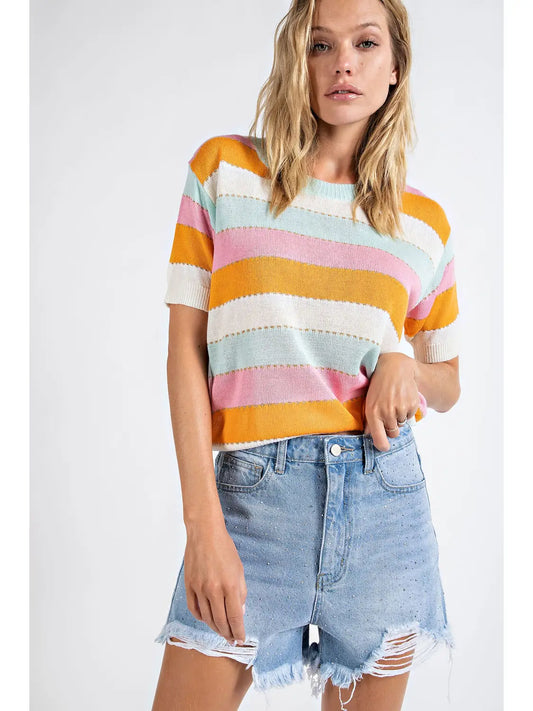 Lurex Metallic Knit Top Striped Print