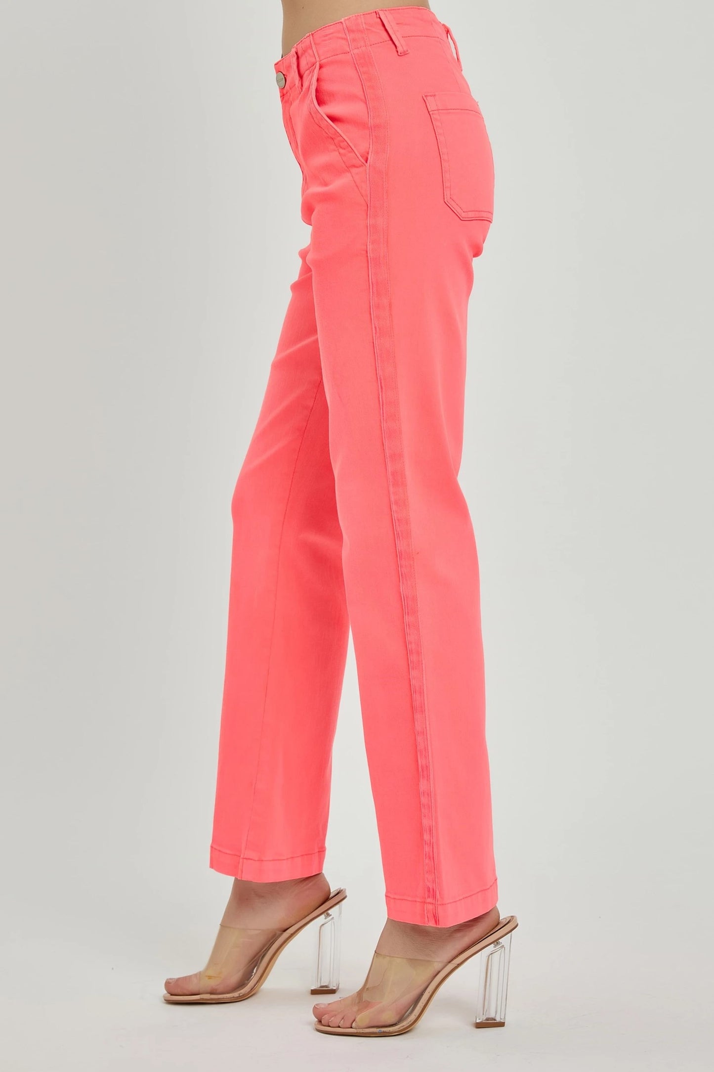 CORAL PINK HIGH RISE SIDE TWILL TAPE DETAIL STRAIGHT PANTS