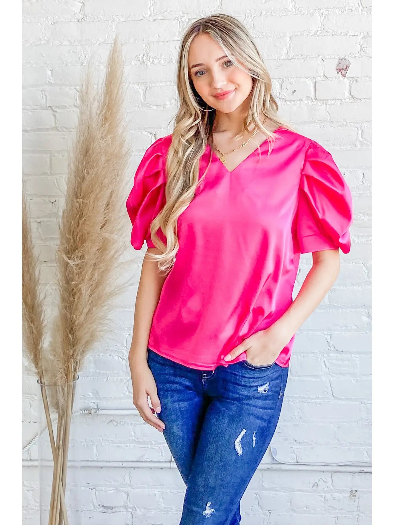 Fushia Satin V Neck Blouse