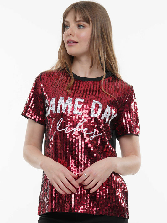 Crimson/White Sequin Game Day Vibes Top