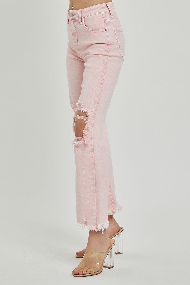 ACID PINK HIGH RISE KNEE DISTRESSED STRAIGHT PANTS