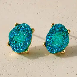 Druzy Stone Stud Earrings- Aqua Blue