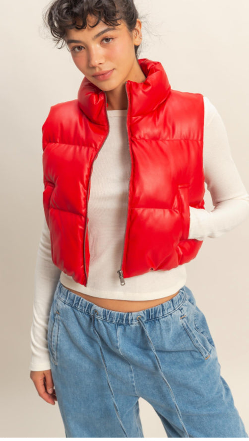 Faux Leather Puffer Vest