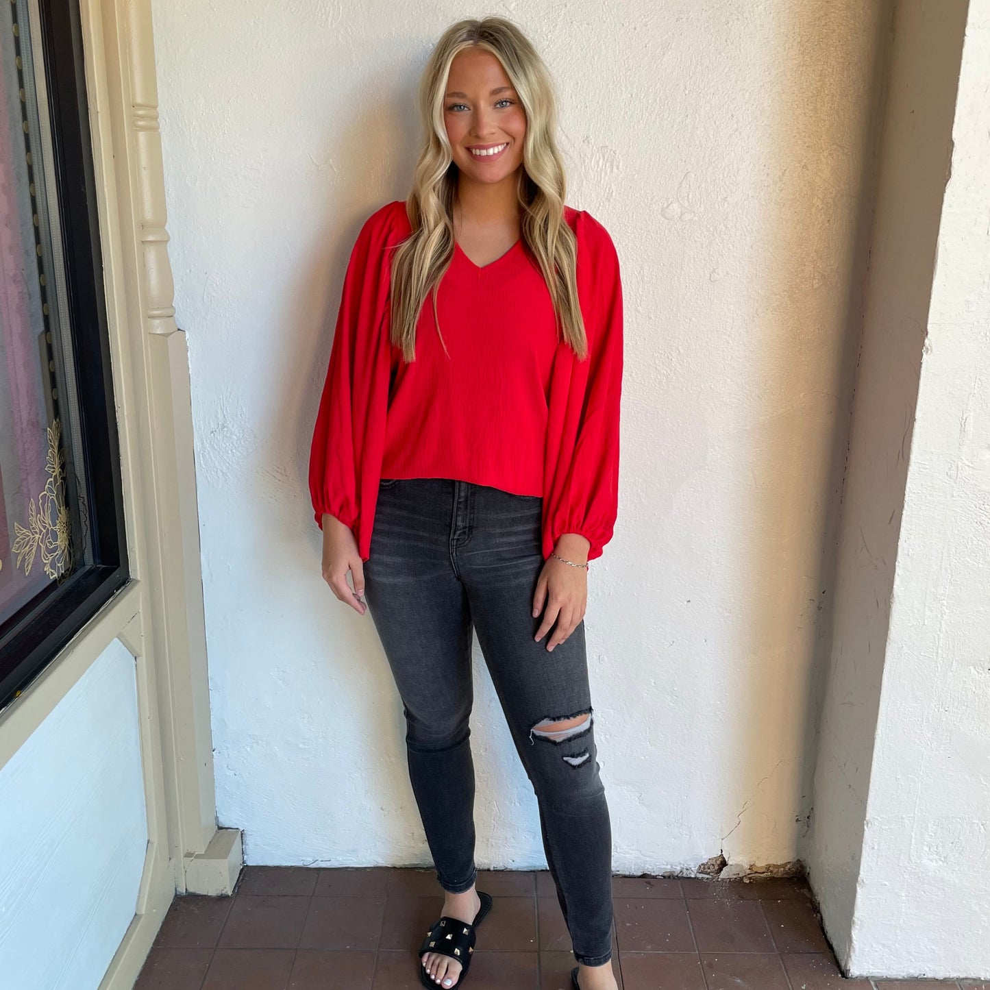 Red Voluminous Sleeve Blouse