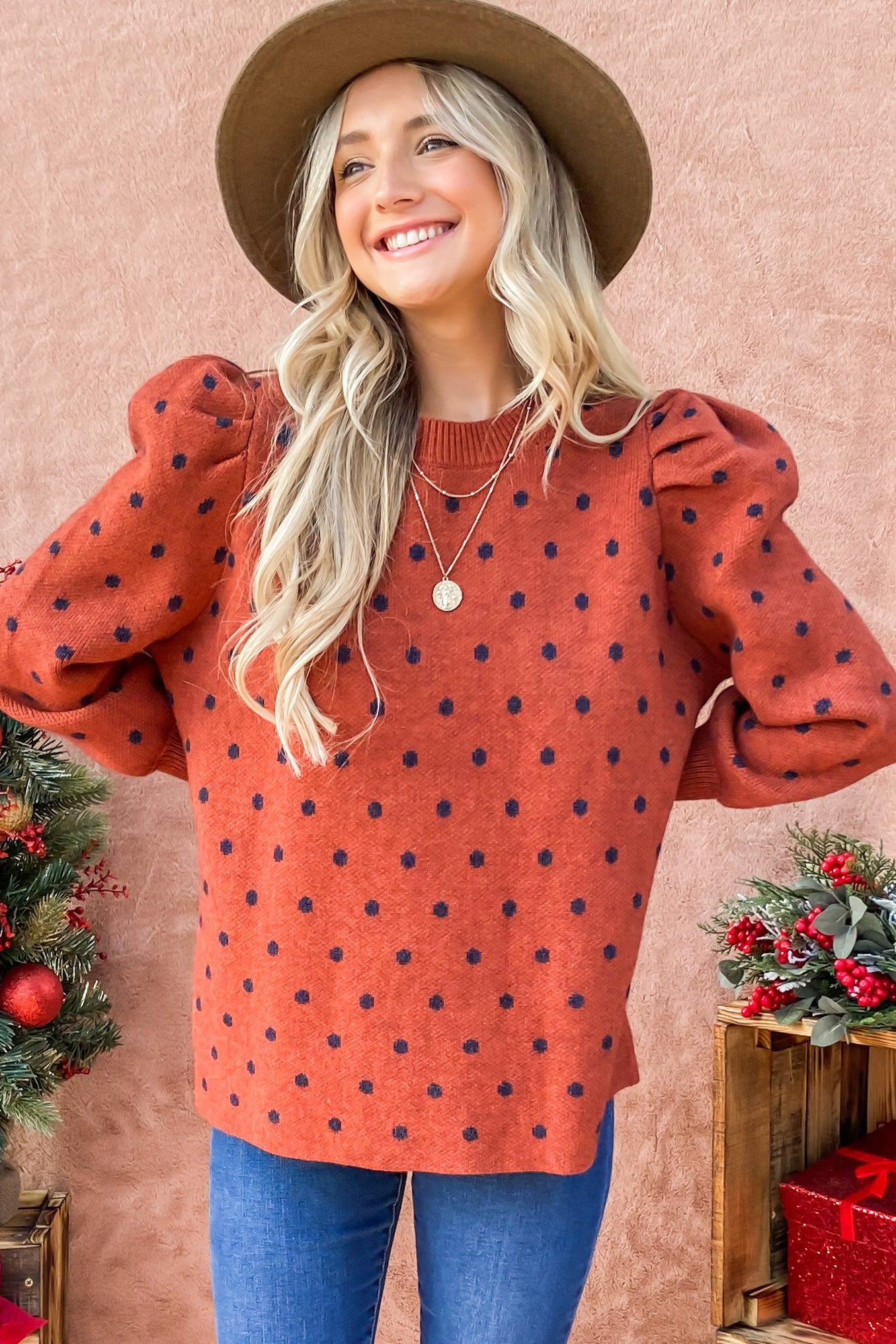 ATW Polka Dot Puff Shoulder Long Sleeve Sweater Top.