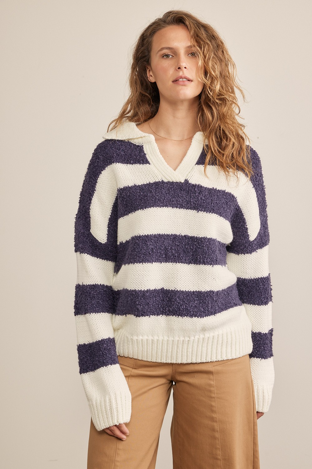 Mixed Media Stripe V-Neck Teddy Bear Sweater Top