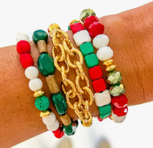 Christmas Red White Green Wood Bracelet Stack