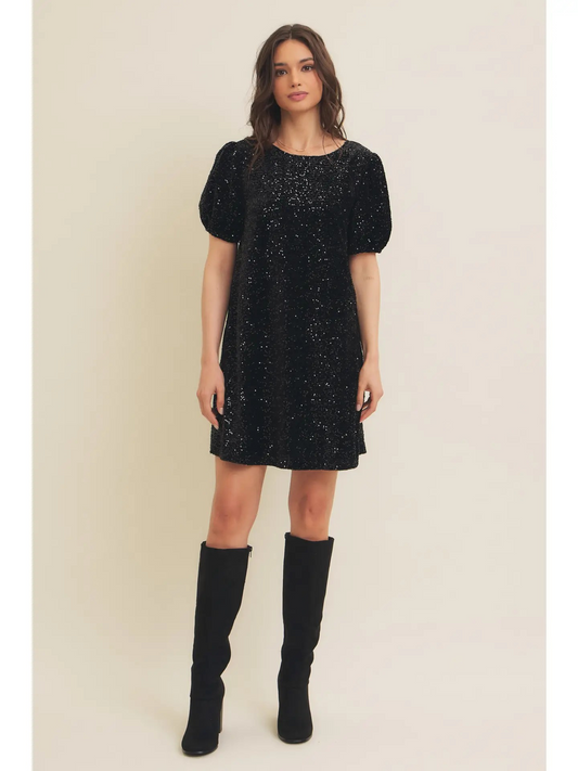 Sequin in Velvet Mini Dress with Back Ribbon Tie