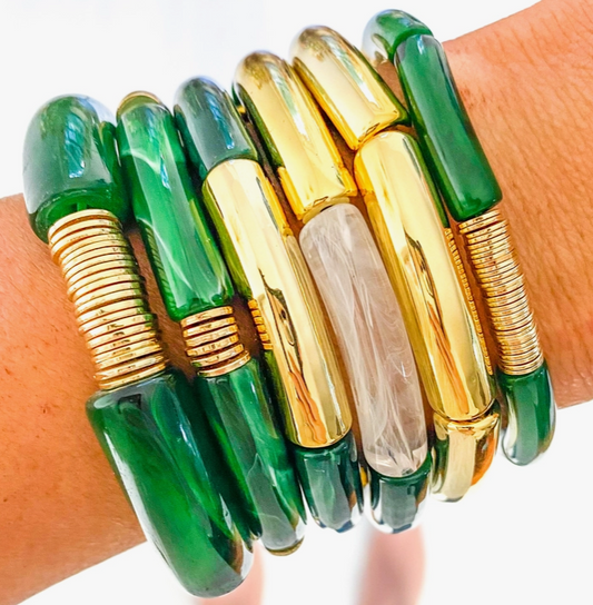 Green & White Marble Tube Bamboo Bracelet