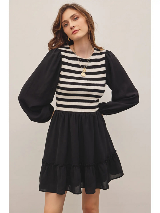 IF Stripe Ribbed Knit Woven Ruffle Mini Dress