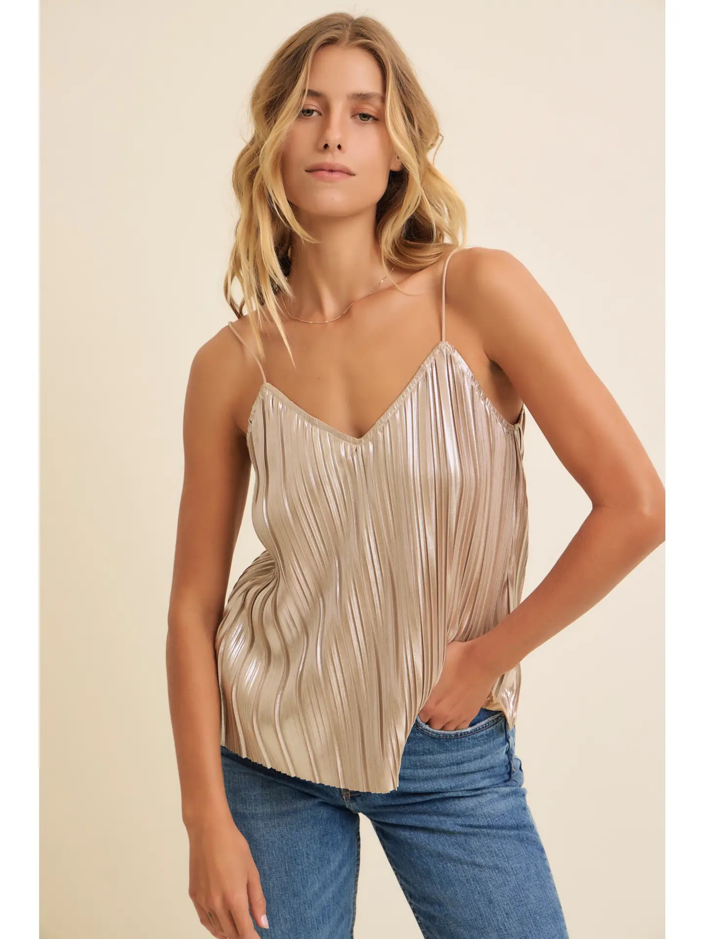 IF Pleated Metallic V-Neck Cami Top