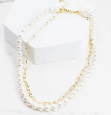 Layered Pearl and Chain Link Necklace