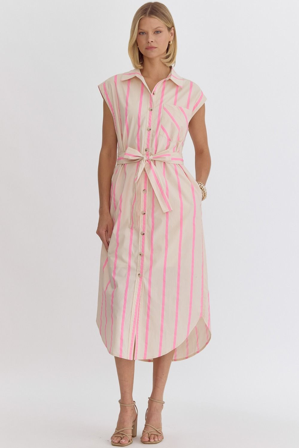 Entro Pink Striped Button Up Dress