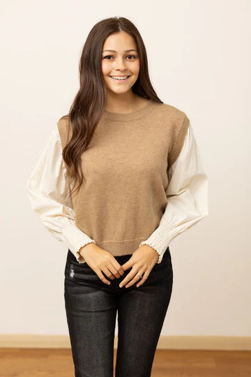 Tan Sweater Vest with cream sleeves