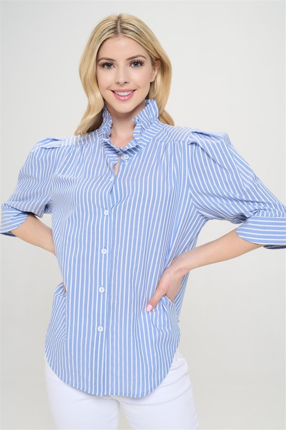 Denim Stripe Puff Sleeve Shirt